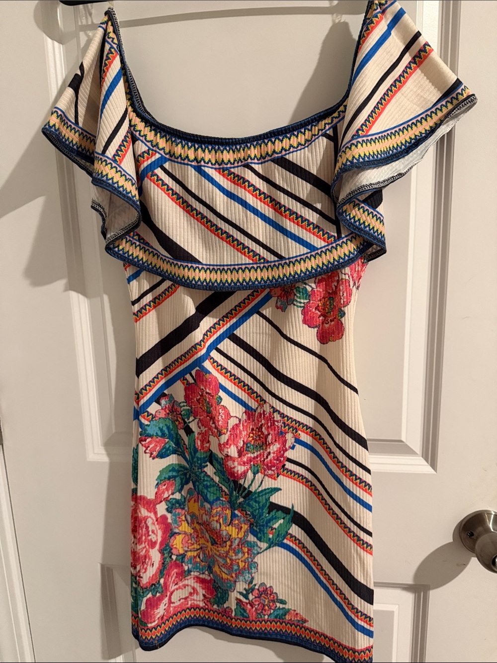 Flying Tomato Cream Strapless Ruffle Dress with Multicolor Floral & Stripe